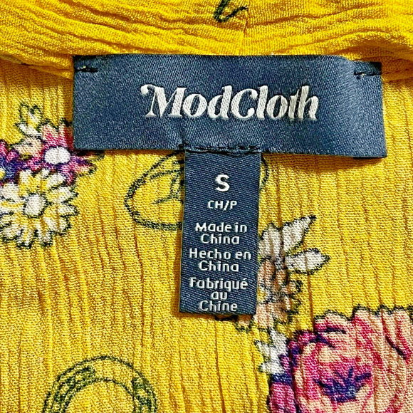 ModCloth Size S Like the Wind Tie-Neck Blouse Mustard Yellow Floral - Picture 9 of 10